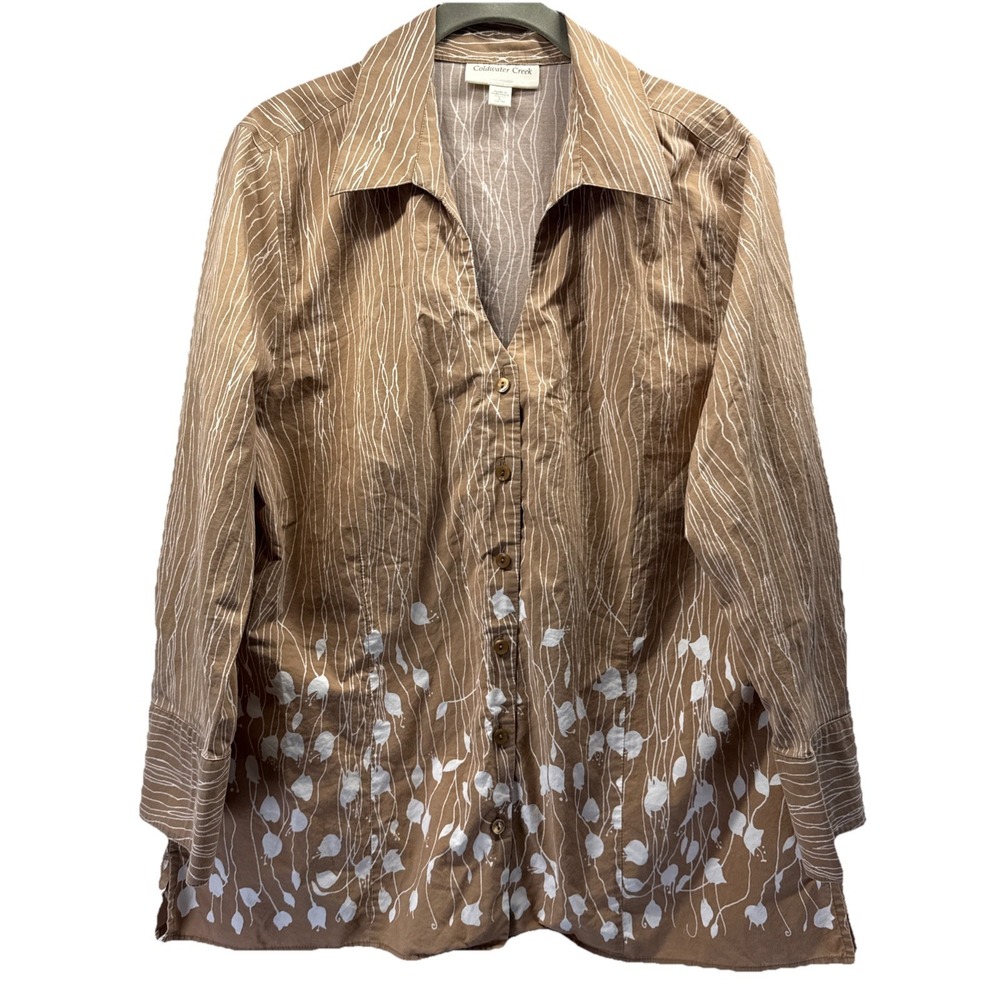 Coldwater Creek Women's Top Blouse Size Large Brown White Button Up 3/4‎ Sleeves